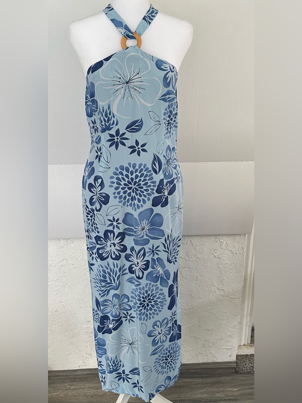 Donna Morgan Light Blue and Navy Silk Floral Halter Maxi Dress